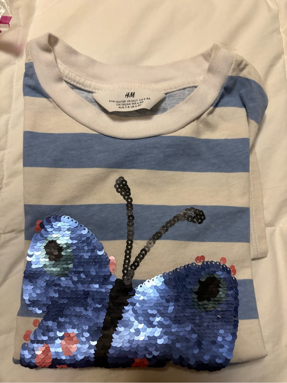 H&M Kids Blue & White Striped Sequin Butterfly Tee